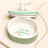 Green Oval Ceramic Cat Trinket Pot