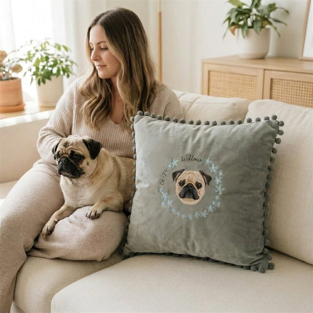 Embroidered Pet Portrait Velvet Cushion