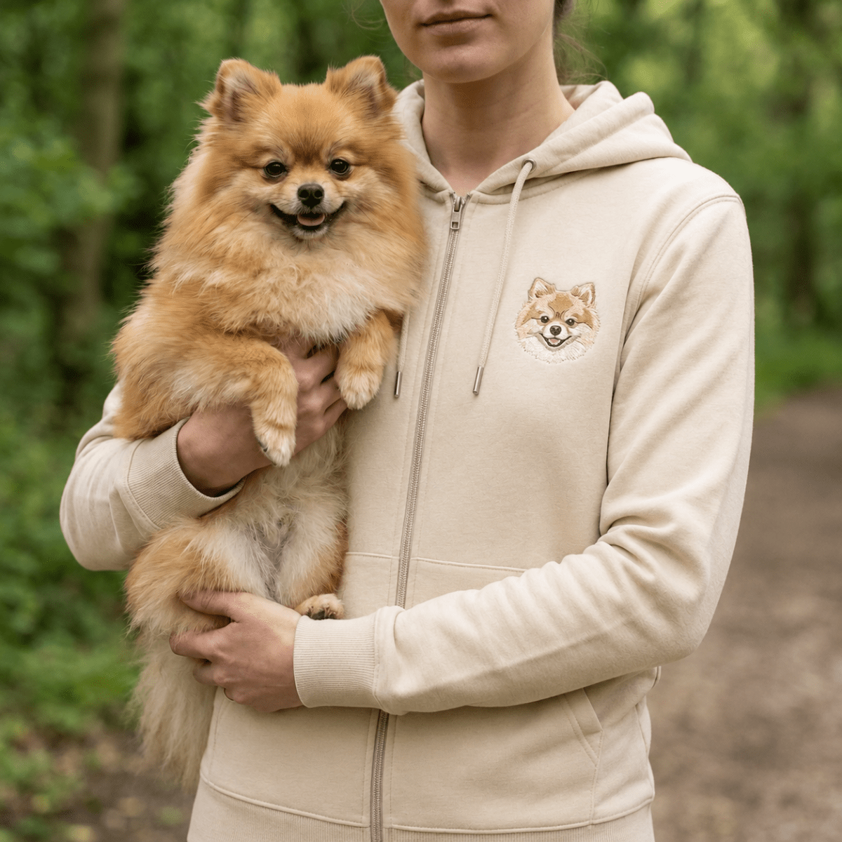 CLEARANCE: Beige Embroidered Pet Portrait Zip Up Hoodie Sweatshirt - Lucy and Lola Shop