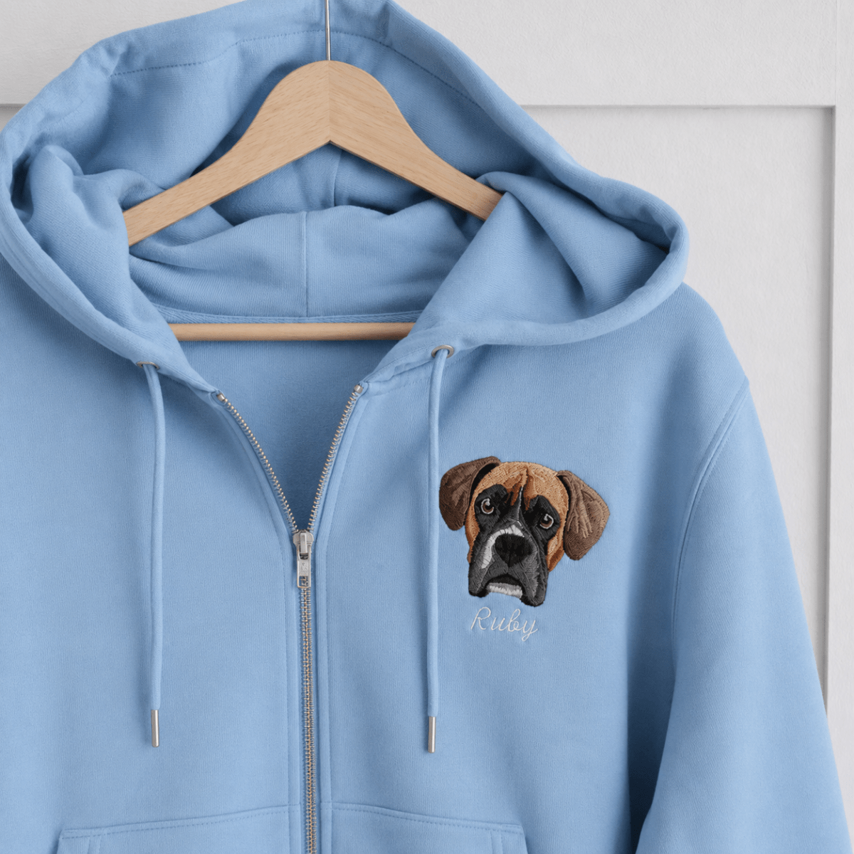 CLEARANCE: Sky Blue Embroidered Pet Portrait Zip Up Hoodie Sweatshirt - Lucy and Lola Shop