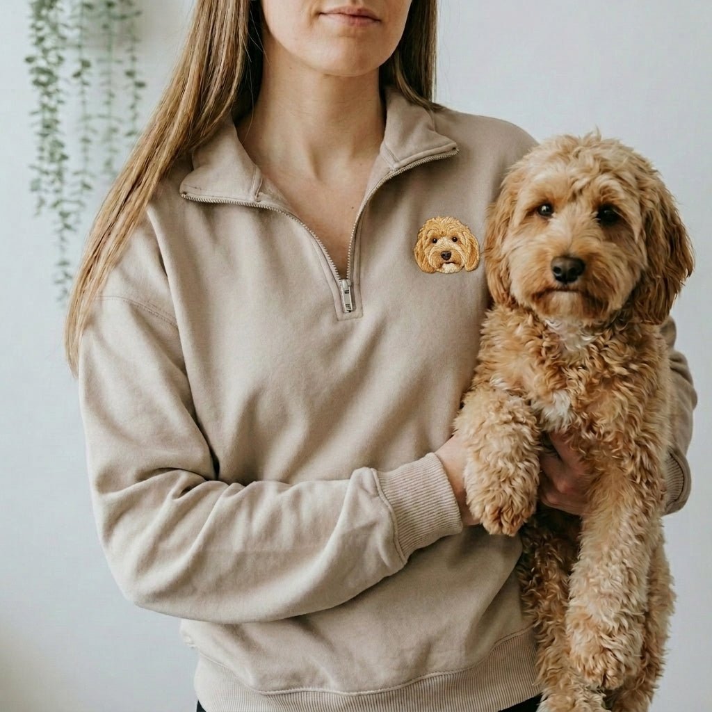 Custom Embroidered Pet Portrait Organic Quarter Zip Sweatshirt - Lucy and Lola Shop