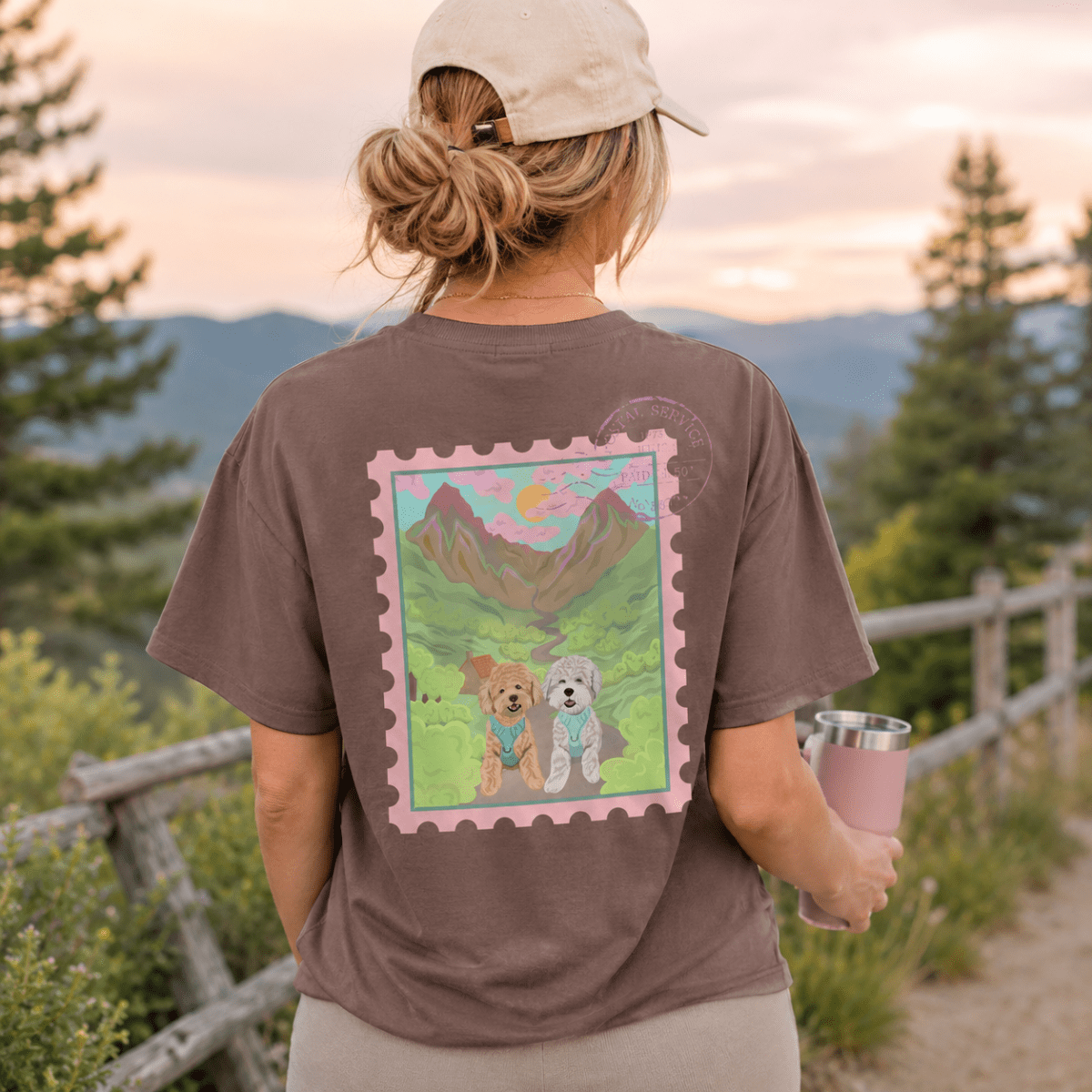Custom Postcard Style Pet Portrait Printed Scottish Highlands T-shirt - Lucy and Lola Shop