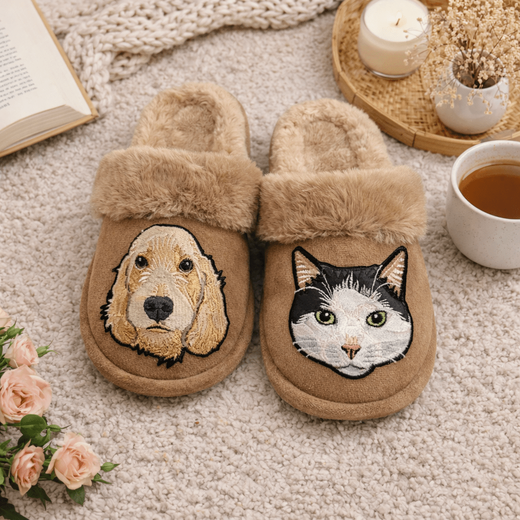 Embroidered Pet Portrait Fluffy Slippers - Lucy and Lola Shop