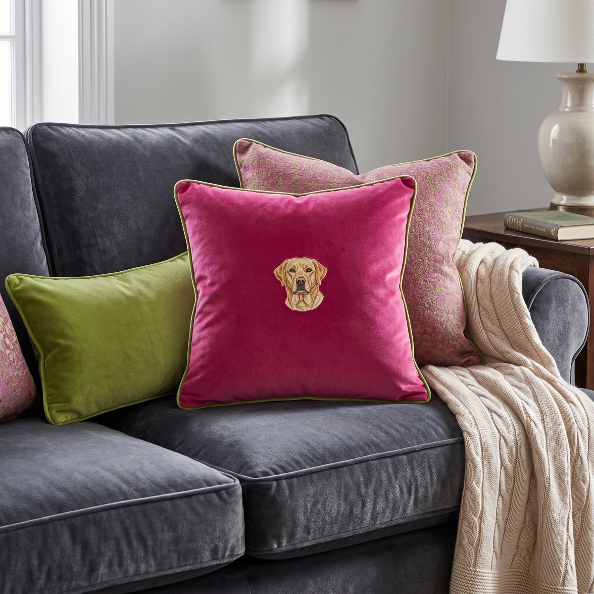 Embroidered Pet Portrait Velvet Piped Cushion - Lucy and Lola Shop