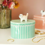 Green Oval Ceramic Cat Trinket Pot