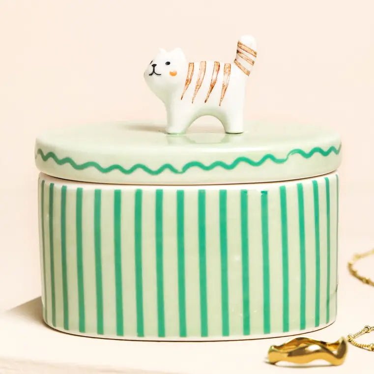 Green Oval Ceramic Cat Trinket Pot - Lucy and Lola Shop