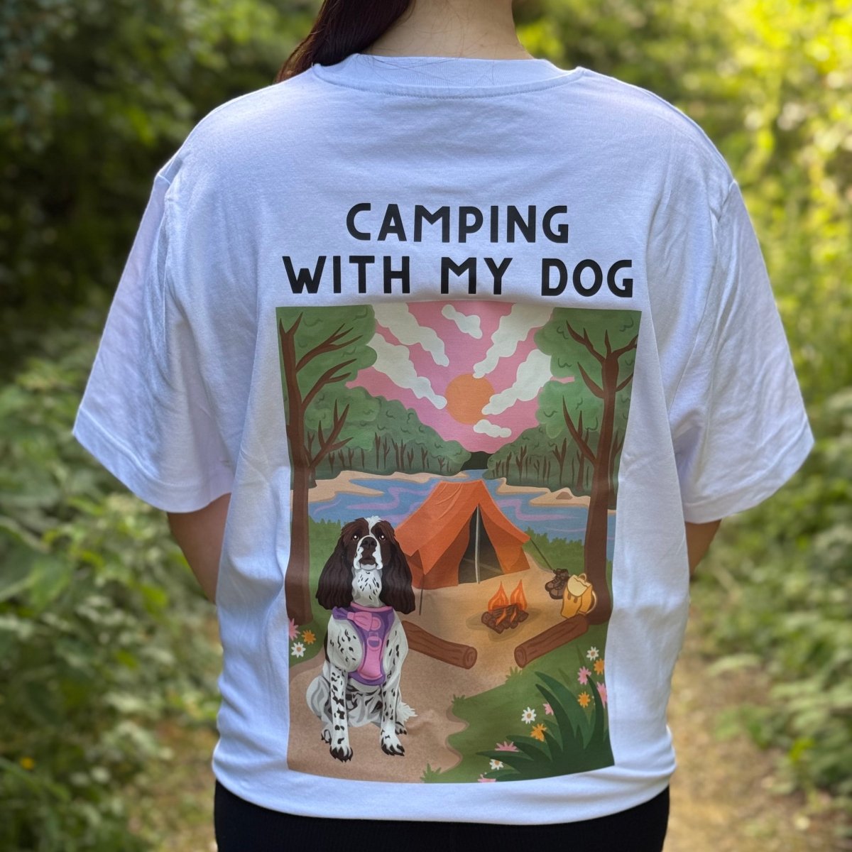 Printed Pet Portrait Camping with My Dog Organic T-Shirt - Lucy and Lola Shop